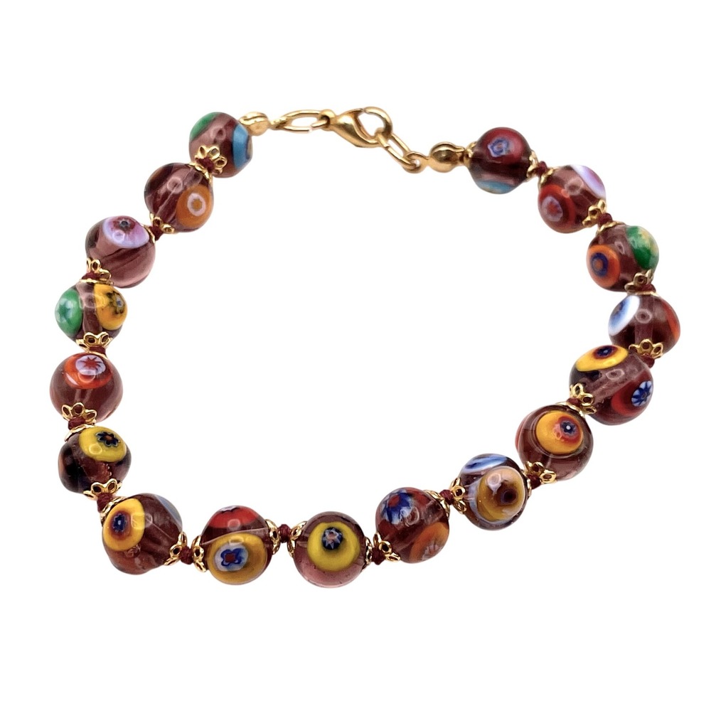 Murano Millefiori Glass Bead Bracelet‎ Gold Tone Italy Handmade 7.5"